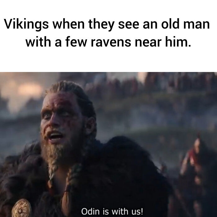 Viking warrior excitedly shouting Odin is with us, illustrating chaotic mythology memes and ancient reality TV humor.