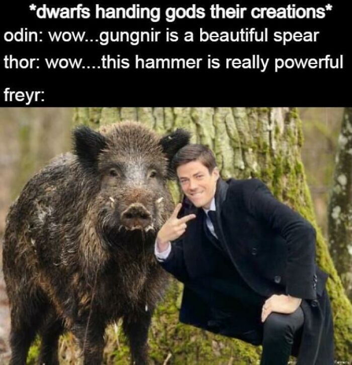 Man in suit posing with wild boar in forest, illustrating chaotic mythology meme about dwarfs gifting gods.