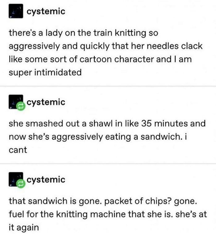 Text conversation describing a woman knitting aggressively on a train, humorously compared to a knitting machine.