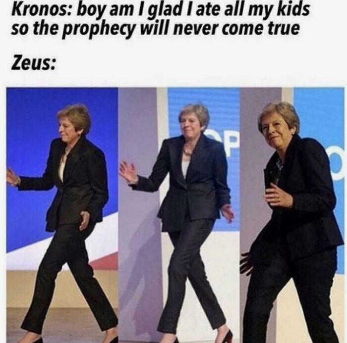 Three-panel meme with a woman dancing humorously, referencing Kronos and Zeus in chaotic mythology memes.
