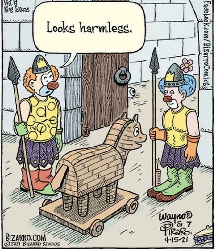 Two cartoon soldiers with spears stand by a wooden horse, one saying it looks harmless in a mythology meme.