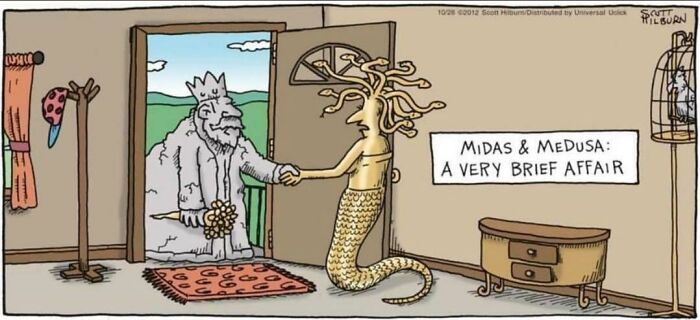 Cartoon showing mythological characters Midas and Medusa shaking hands, illustrating chaotic mythology memes and ancient reality TV.
