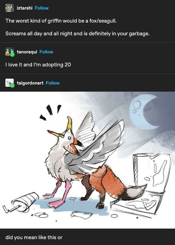 Fox and seagull hybrid griffin screaming loudly near garbage in funny chaotic mythology meme illustration.