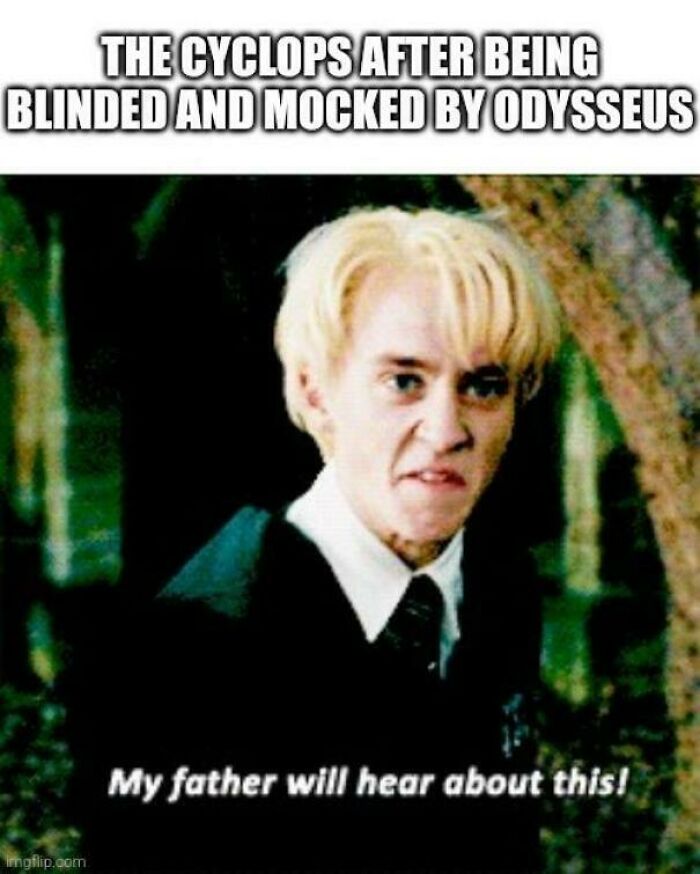 Blonde character making a grimacing face with text referencing chaotic mythology memes and ancient reality TV humor.