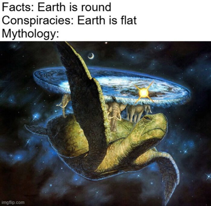 Flat Earth myth illustrated with a giant turtle carrying elephants and a disc-shaped world in mythology-themed meme.