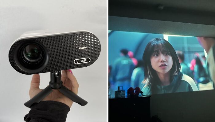 Handheld modern projector displaying a vivid image on the wall, showcasing everyday items with a major personality upgrade.