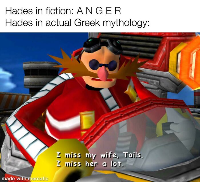 Meme comparing fictional anger to Greek mythology, featuring a nostalgic character expressing love and loss.