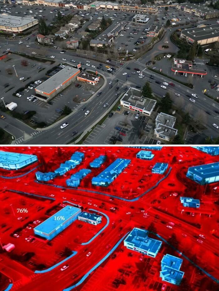 Aerial view of urban area highlighting building coverage and lack of affordable housing in the US using heat map analysis.