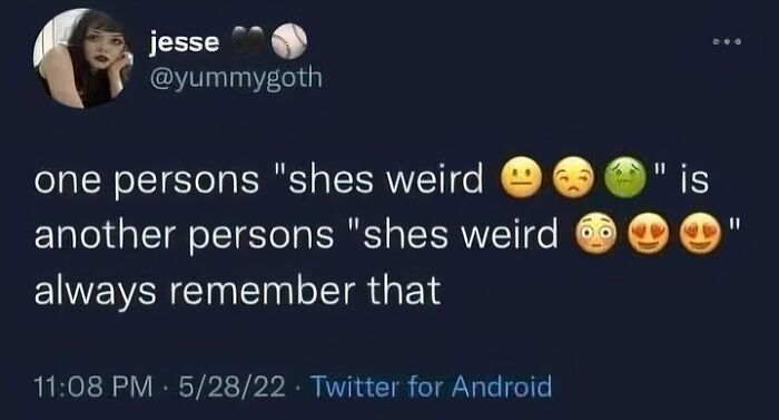 Screenshot of a tweet highlighting different reactions to being called weird, related to neurodivergence humor and memes.