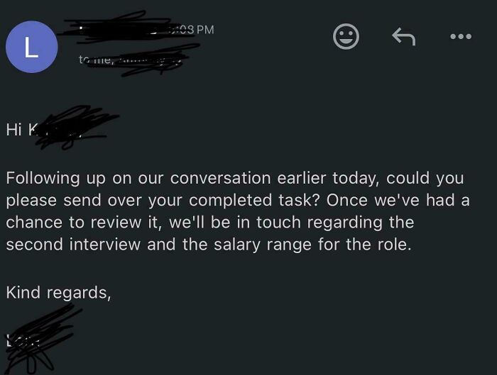 Screenshot of a job follow-up email requesting a completed task before discussing second interview and salary range, highlighting outrageous job requirements.