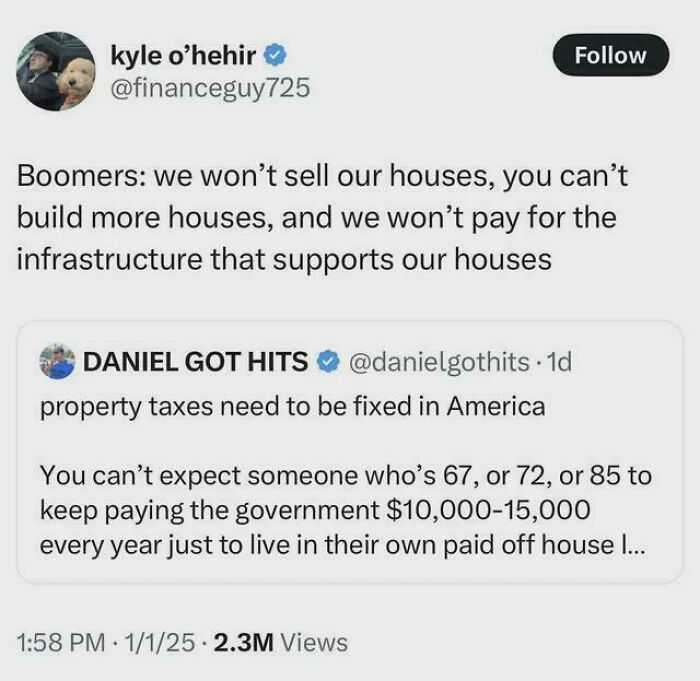 Screenshot of tweets discussing property taxes, housing issues, and consumerism impact on American homeowners and infrastructure.