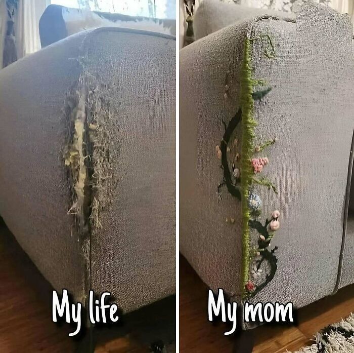 Before and after photos of a crafty sofa repair with embroidery, showcasing ingenious crafty ideas from an IG account.