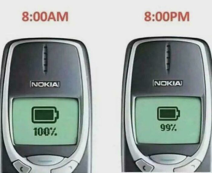Nokia phone battery life meme showing 100% at 8 AM and 99% at 8 PM