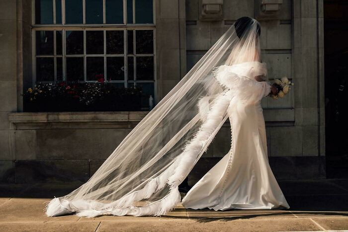Bride in a flowing white gown with a long veil, captured in soft light resembling a Renaissance masterpiece portrait.