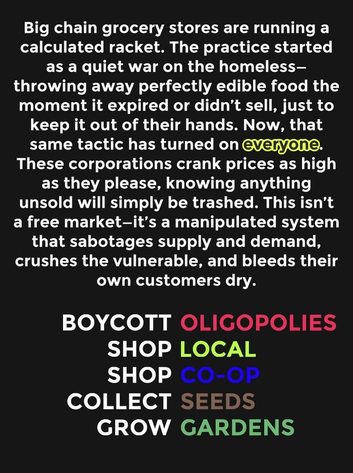 Text explaining how consumerism harms people by manipulating markets, urging to boycott oligopolies and support local shops and gardens.