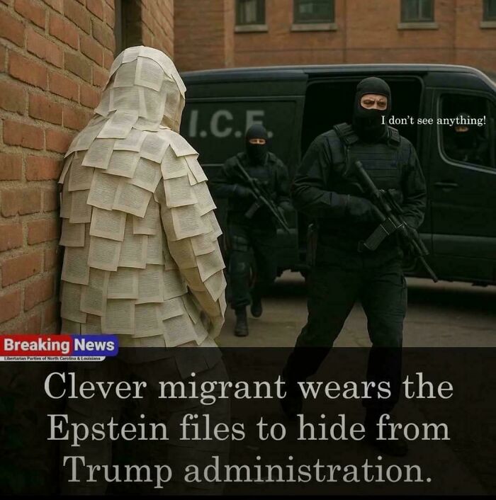 Person wearing pages as camouflage to hide from armed officers, illustrating chaotic good acting in a unique way.