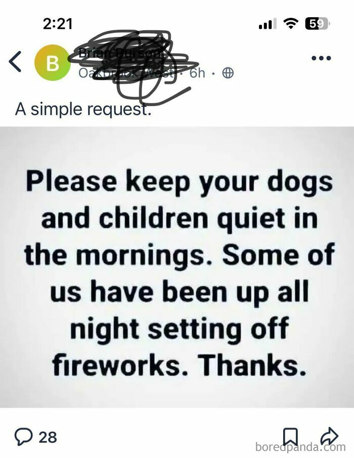 Screenshot of a wild neighbor post requesting dogs and children to be quiet in the mornings after fireworks all night.