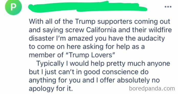 Screenshot of a wild post from a neighbors app discussing political views and wildfire disaster opinions.