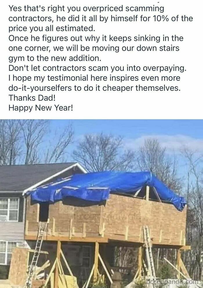 Screenshot of a neighbor's post about saving money by doing a home addition DIY instead of hiring contractors.