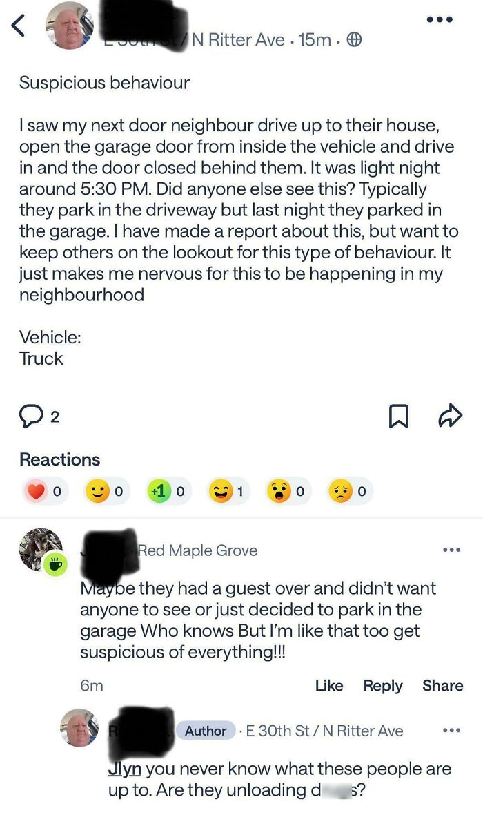 Screenshot of a neighborhood app post discussing suspicious vehicle behavior and neighbors' reactions.