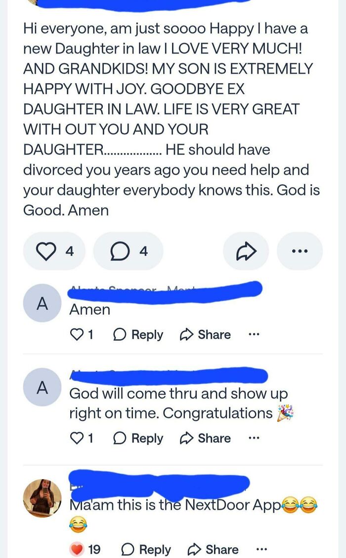 Screenshot of a wild post on the NextDoor app showing neighbors' dramatic and emotional comments.