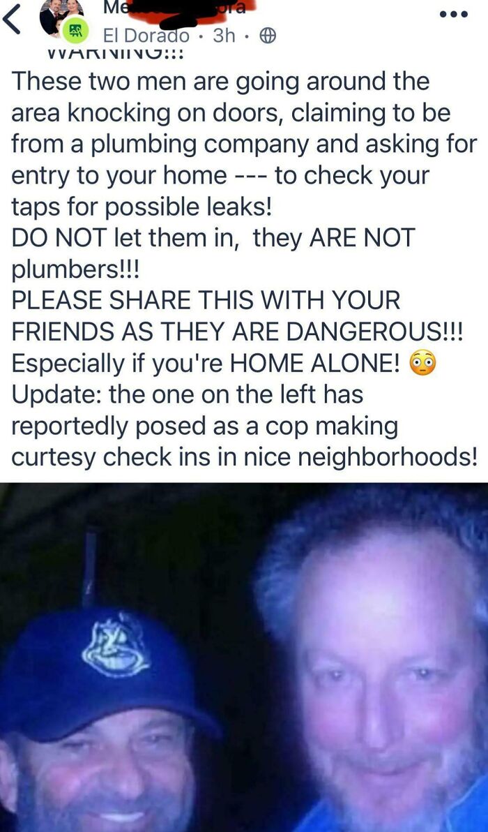 Screenshot of a warning post on a neighbors app about two men falsely claiming to be plumbers checking for leaks.
