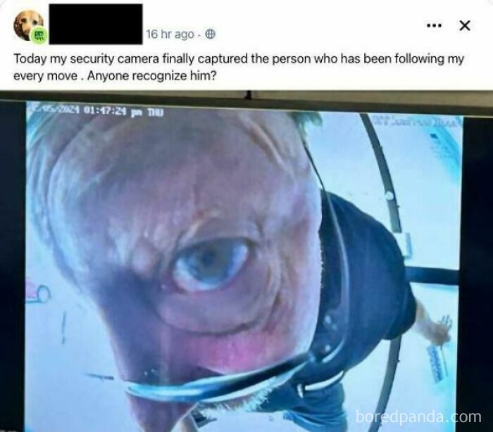 Security camera screenshot showing a close-up of a man's face captured by a neighbor on a community app.