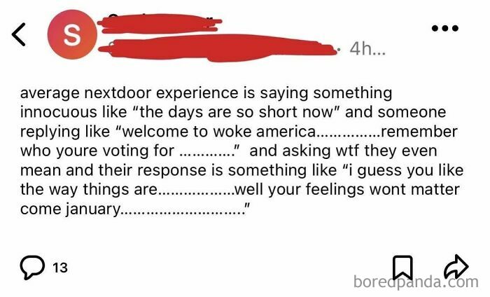 Screenshot of a wild post from a neighbors app showing a political and social commentary conversation thread.