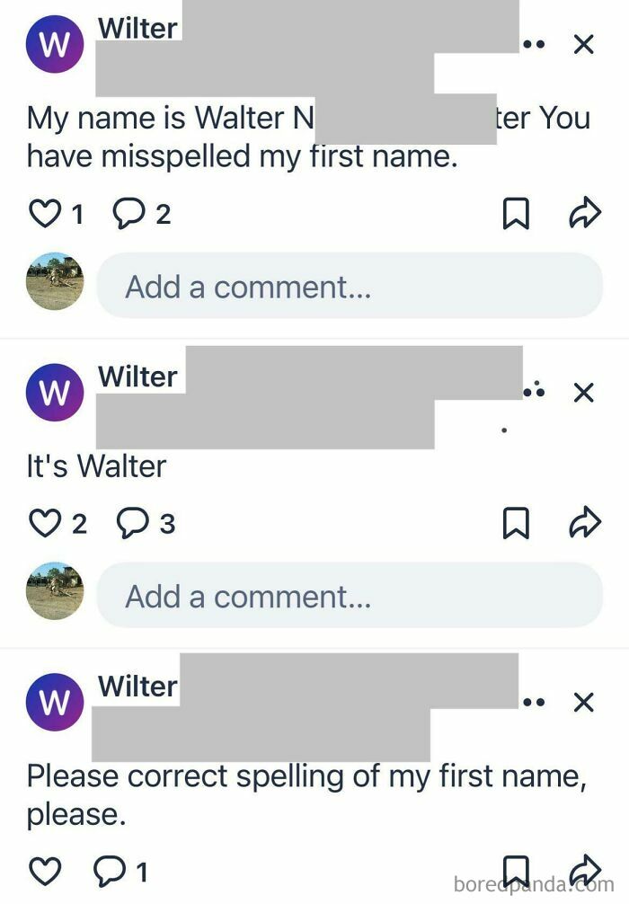 Screenshot of wild posts from neighbor app showing user correcting the spelling of their first name repeatedly.