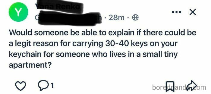 Screenshot of a wild post from an app dedicated to neighbors asking about carrying 30-40 keys on a keychain.