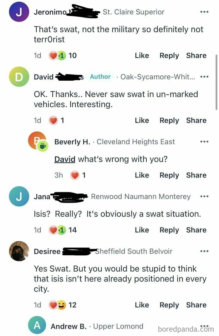 Comments discussing a hypothetical SWAT situation from a neighbors app, showcasing wild and varied reactions.