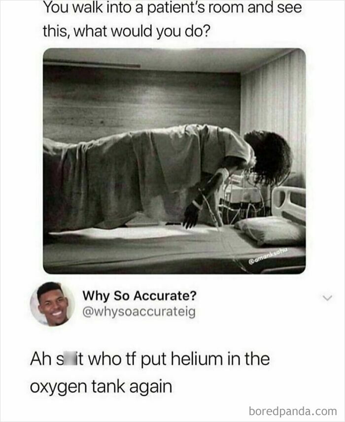 Patient levitating above hospital bed with humorous medical meme about helium in oxygen tank, relatable medical memes concept.