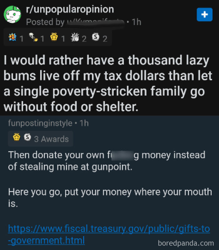 Reddit post mocking statist views on taxation and government spending with a sarcastic response about money and gunpoint.
