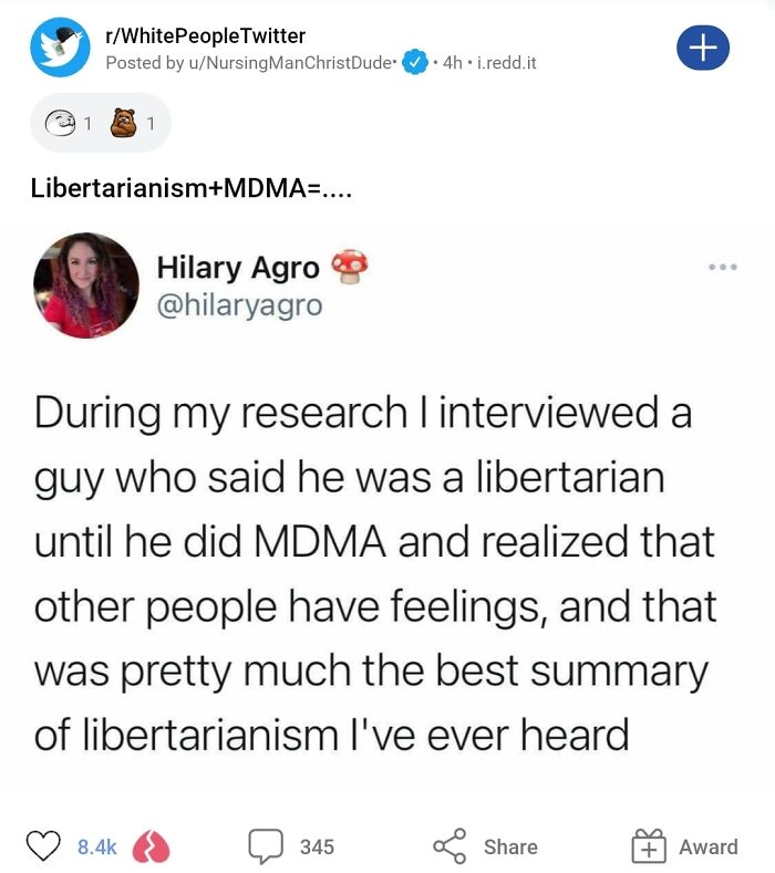 Screenshot of a tweet mocking libertarianism as part of anarchists mocking statists in humorous online posts.