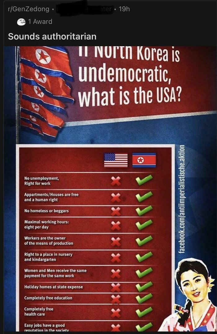 Red and blue infographic comparing USA and North Korea on social and economic rights, mocking statist claims from an anarchist view.