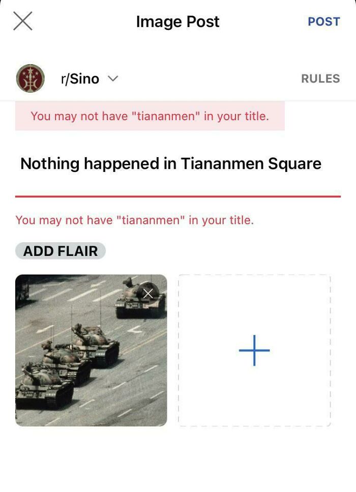 Reddit post showing a censored title mentioning Tiananmen Square with an image of tanks on the street mocking statists.