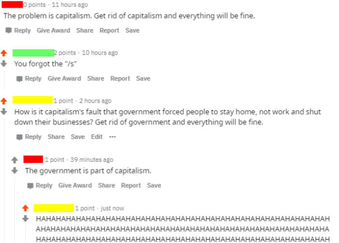 Reddit comments mocking statists and debates on capitalism and government in anarchist discussions.