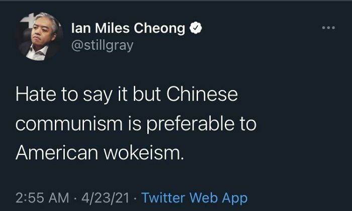 Tweet by Ian Miles Cheong expressing a controversial political opinion mocking statists in online discussion.