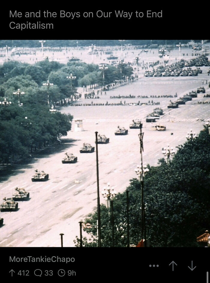 Historic photo of military tanks in a large public square, used in anarchists mocking statists meme content.