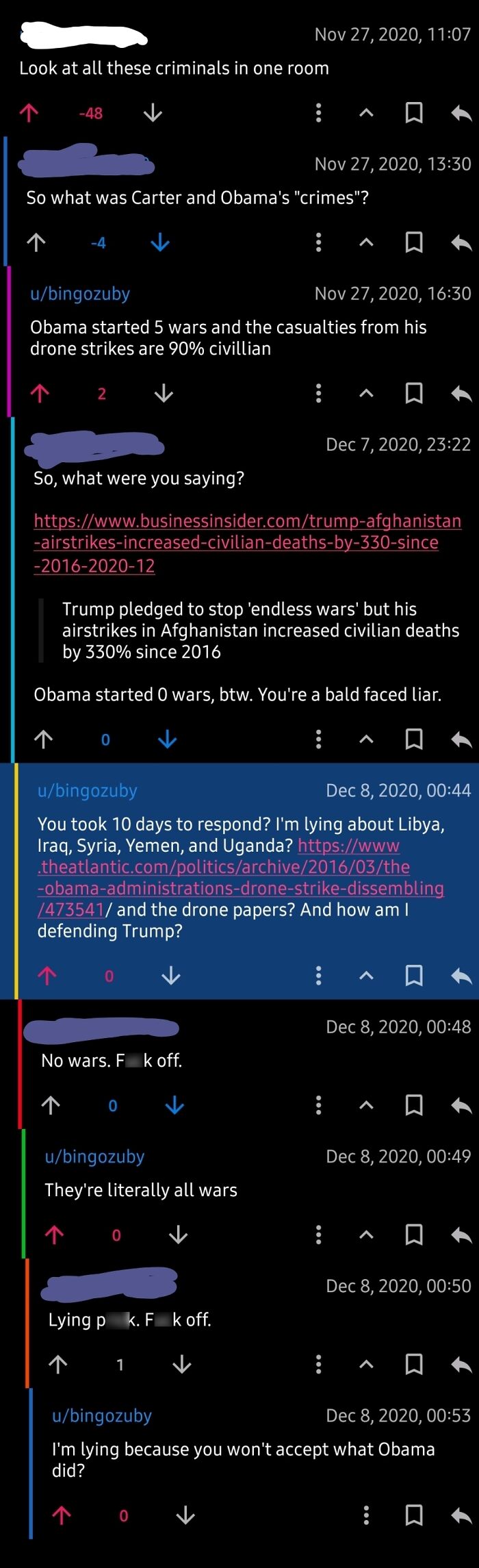Online debate between users mocking statists with posts about war casualties and drone strikes.