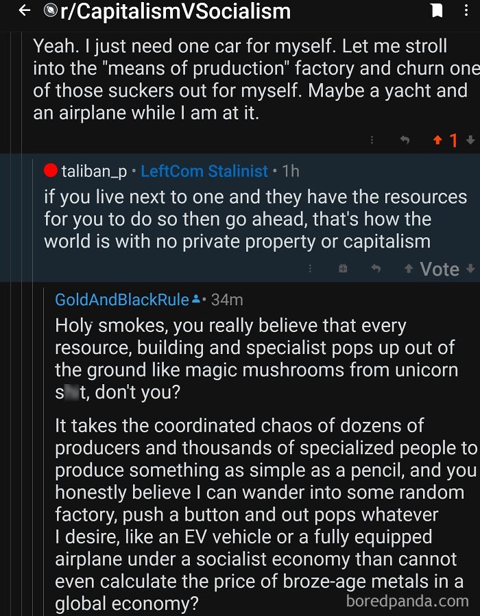 Reddit debate on capitalism versus socialism with anarchists mocking statist views on private property and economic production.
