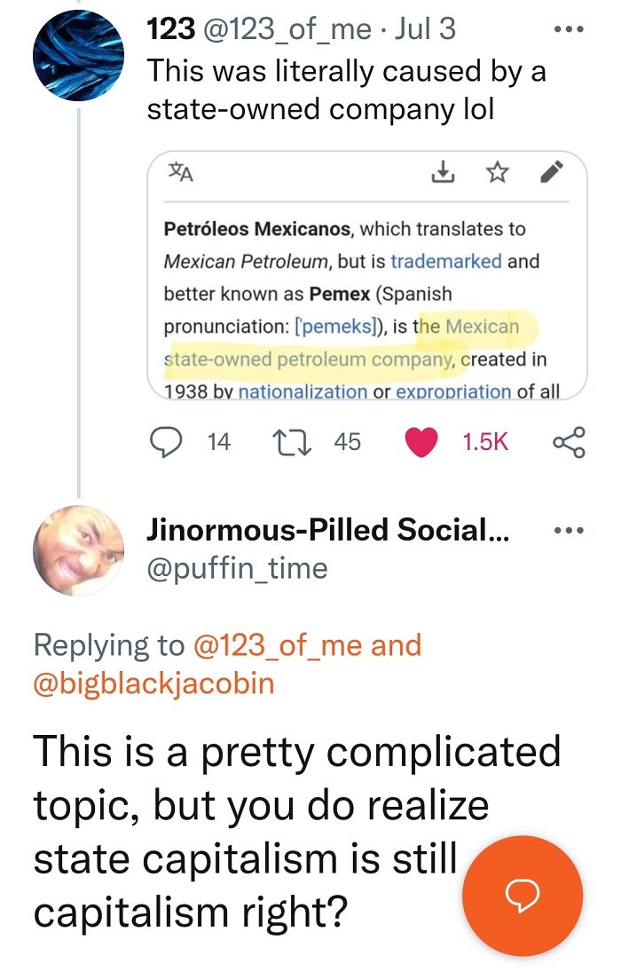 Screenshot of Twitter users mocking statists with ironic comments about state capitalism and state-owned petroleum companies.