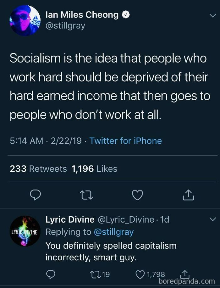 Twitter exchange mocking statist views on socialism and capitalism with anarchists questioning statists’ questionable takes.