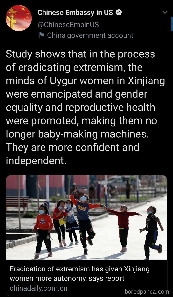 Tweet from Chinese Embassy about Xinjiang women, with image of children playing outside, criticizing statist views.