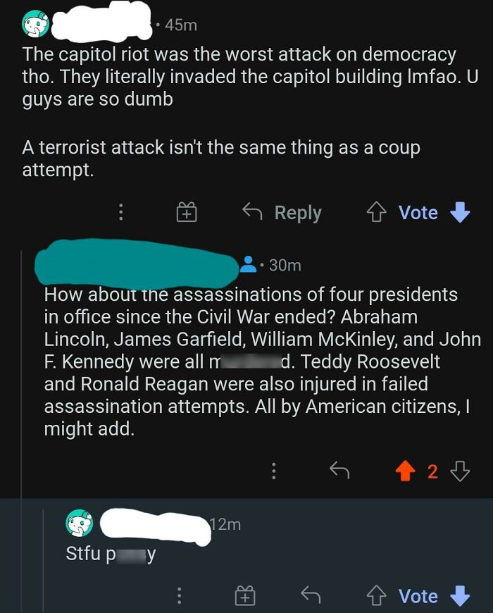 Online discussion mocking statists with historical examples of presidential assassinations and political attacks.