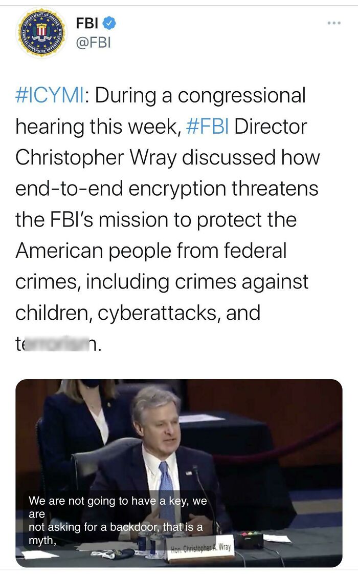 Screenshot of FBI tweet on encryption challenges with a photo of FBI Director Christopher Wray speaking at a hearing