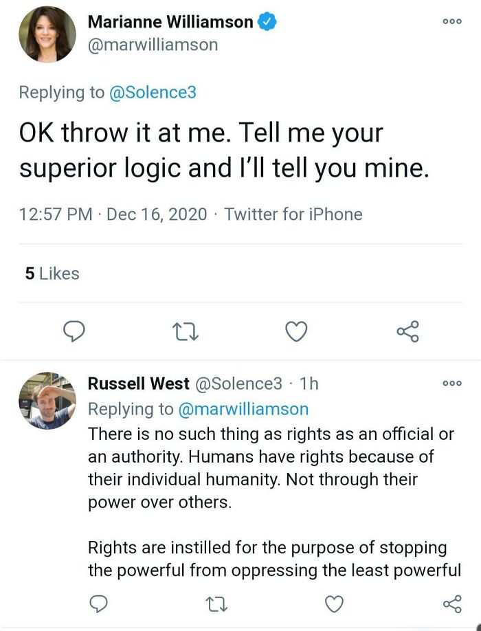 Tweet exchange mocking statist views on rights and authority, featuring anarchist perspective on individual humanity and power.