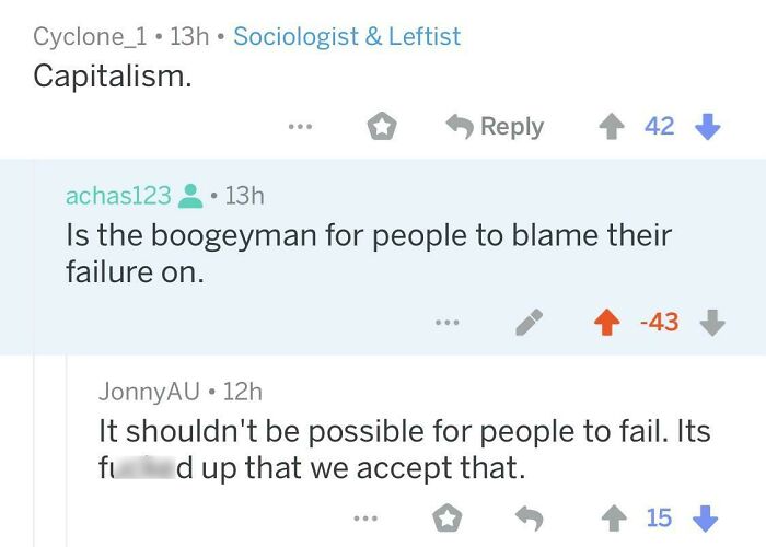 Online discussion mocking statist views on capitalism and personal responsibility in a sarcastic anarchist exchange.