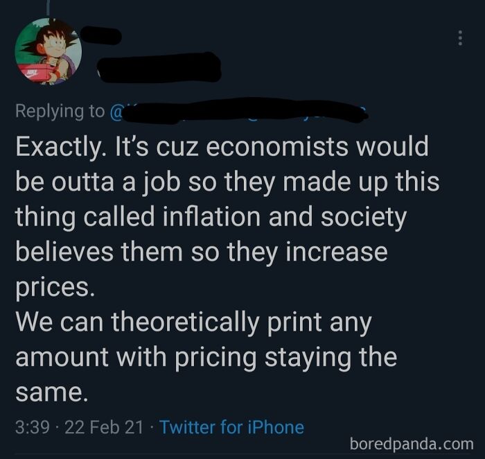 Screenshot of a social media post mocking statist views on inflation and economic pricing, shared by an anarchist user.