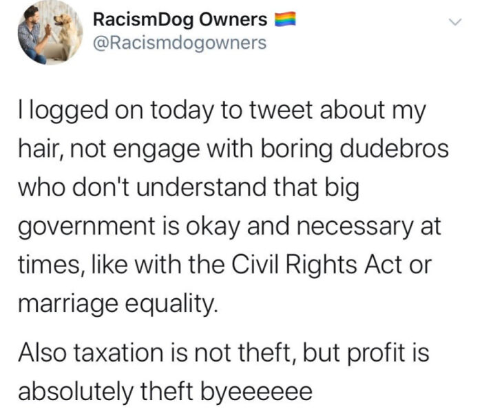 Tweet mocking statist views on big government and taxation, shared by an anarchist in a sarcastic tone.